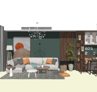 北欧客餐厅 多人转角沙发 su草图模型下载