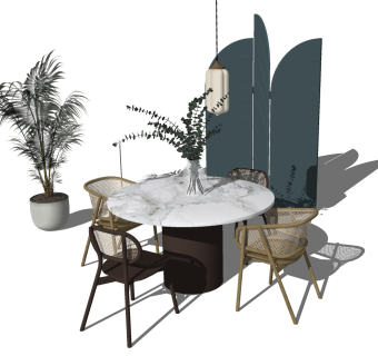 北欧现代新中式藤编编织民宿自然风餐桌椅组合su草图模型下载