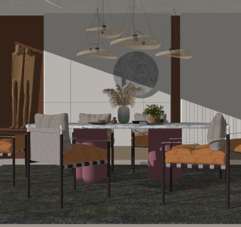 餐厅 餐桌椅，吊灯组合su草图模型下载