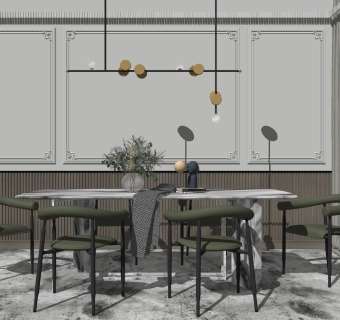 北欧现代餐桌椅子，吊灯su草图模型下载