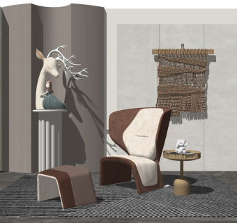 风格休闲椅子，凳子，鹿头人物雕塑摆件， su草图模型下载