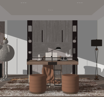 书房书桌椅，凳子，雕塑摆件su草图模型下载