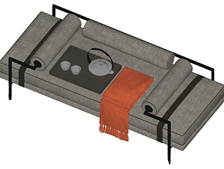 新中式长凳床尾凳，床尾榻su草图模型下载