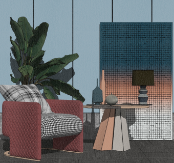 休闲沙发，单人沙发装饰画 su草图模型下载