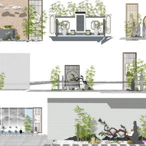 新中式日式庭院景观，石头徽派建筑院墙 su草图模型下载