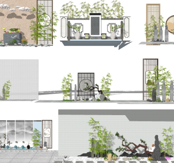 新中式日式庭院景观，石头徽派建筑院墙 su草图模型下载