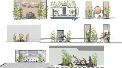 新中式日式庭院景观，石头徽派建筑院墙 su草图模型下载