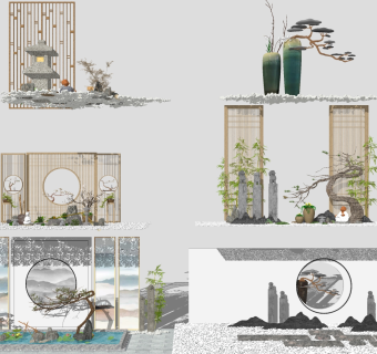 新中式庭院景观，山脉石头 su草图模型下载