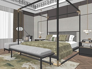 新中式卧室，<em>架子</em>床卧室双人床 su草图模型下载