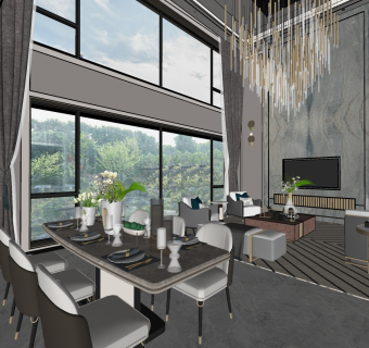 别墅客餐厅，餐桌椅，沙发边几，水晶金属吊灯 su草图模型下载