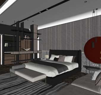 唐忠汉 现代卧室，双人床，卧榻 su草图模型下载