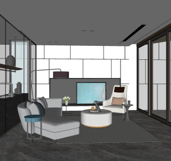 现代客厅，弧形沙发休闲椅子 su草图模型下载