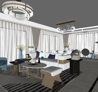 客餐厅，沙发餐桌椅吊灯 su草图模型下载