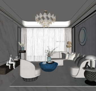 轻奢客厅，沙发茶几水晶吊灯 su草图模型下载