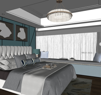 轻奢简欧式卧室，双人床床头柜飘窗 su草图模型下载