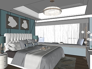 轻奢简欧式卧室，双人床床头柜飘窗 su草图模型下载