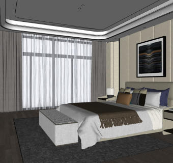 简欧式卧室，双人床，床头柜 su草图模型下载