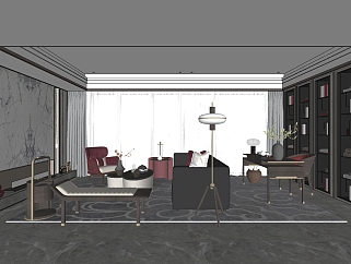 新中式客厅，书房，书桌椅书柜 su草图模型下载