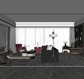 新中式客厅，书房，书桌椅书柜 su草图模型下载