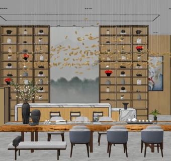 新中式售楼处茶歇区，茶台，茶桌椅 su草图模型下载