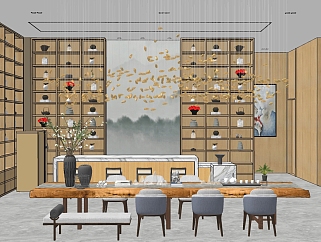 新中式售楼处茶歇<em>区</em>，茶台，茶桌椅 su草图模型下载