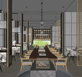 新中式售楼处接待区，洽谈区 su草图模型下载