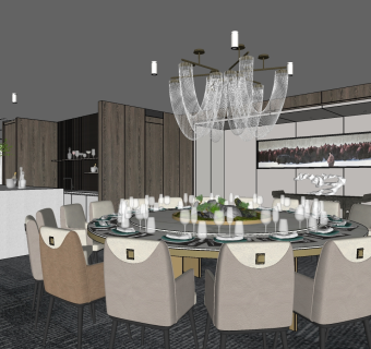 现代客餐厅包间包房，餐桌桌椅 su草图模型下载