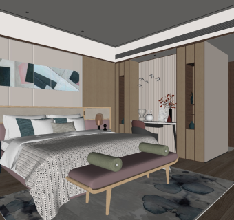 现代卧室女孩房，女儿房 su草图模型下载