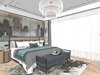 新中式卧室，双人床<em>床尾</em>凳 su草图模型下载