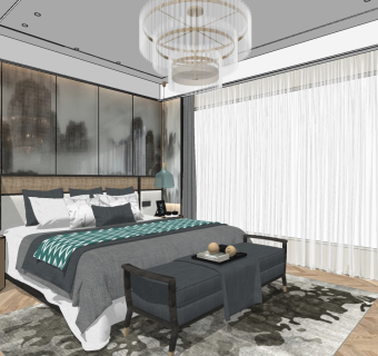 新中式卧室，双人床床尾凳 su草图模型下载