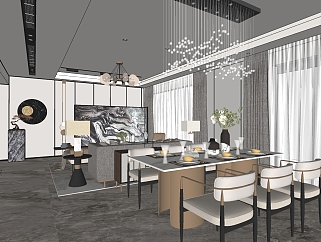 新中式客餐厅，餐桌椅 su草图模型下载