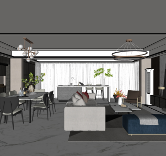 现代客餐厅，沙发，餐桌椅电视柜 su草图模型下载