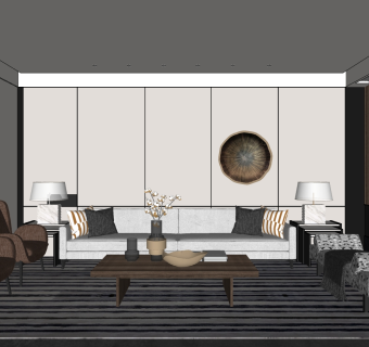 现代客厅，沙发茶几单人沙发 su草图模型下载