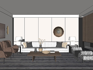 现代客厅，沙发茶几单人沙发 su草图模型下载