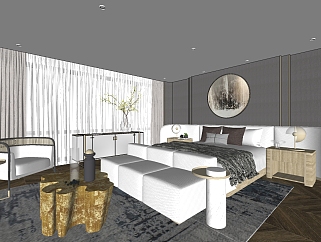新中式卧室，现代轻奢卧室双人床 su草图模型下载