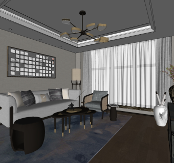 新中式客厅沙发电视柜 su草图模型下载