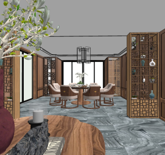 新中式餐厅包间， su草图模型下载