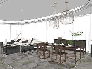 客厅餐厅，转角沙发， su草图模型下载