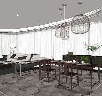 客厅餐厅，转角沙发， su草图模型下载