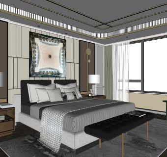 现代卧室，双人床床头柜 su草图模型下载