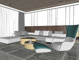 现代客厅，转角沙发单人休闲椅 su草图模型下载