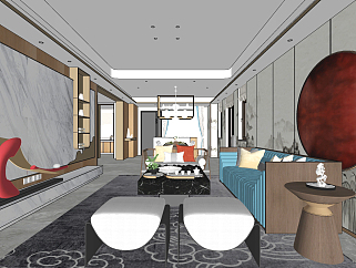 新中式客餐厅，沙发茶几I su草图模型下载