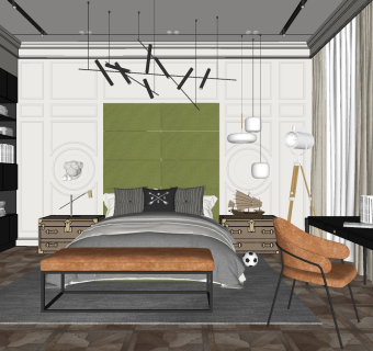 极致奢华卧室，双人床，书桌学习桌 su草图模型下载