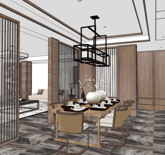 新中式客餐厅餐桌椅 su草图模型下载