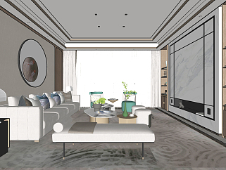 新中式客厅沙发 su草图模型下载
