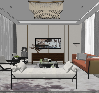 新中式客厅沙发 su草图模型下载