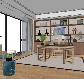 新中式书房书桌椅 su草图模型下载