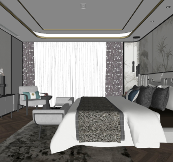 新中式样板间卧室 su草图模型下载