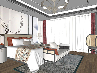 新中式<em>样板</em>间卧室双人床，床尾凳 su草图模型下载