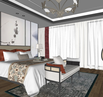 新中式样板间卧室双人床，床尾凳 su草图模型下载